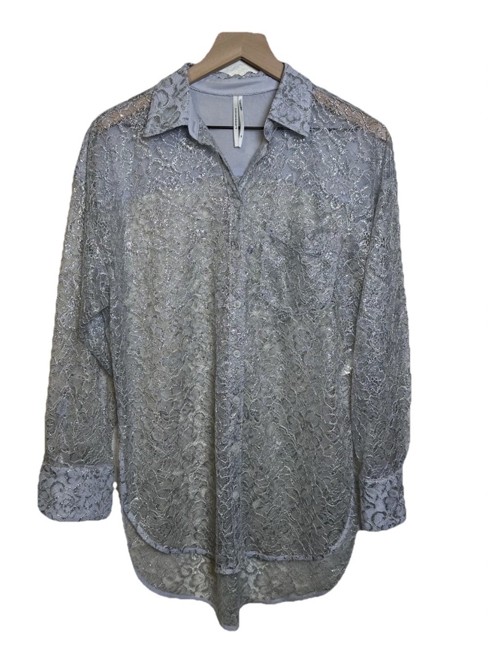 By Anthropologie Metallic Lace Buttondown Shirt Sz XS GRAY Part Top Long Sleeve - Picture 5 of 14